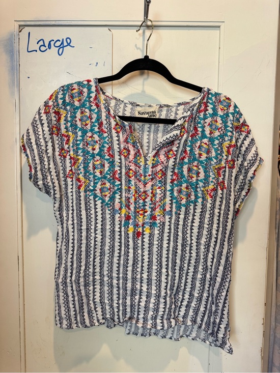 Savanna Jane Tops - Savanna Jane White Striped Embroidered Peasant Top with Turquoise Accents